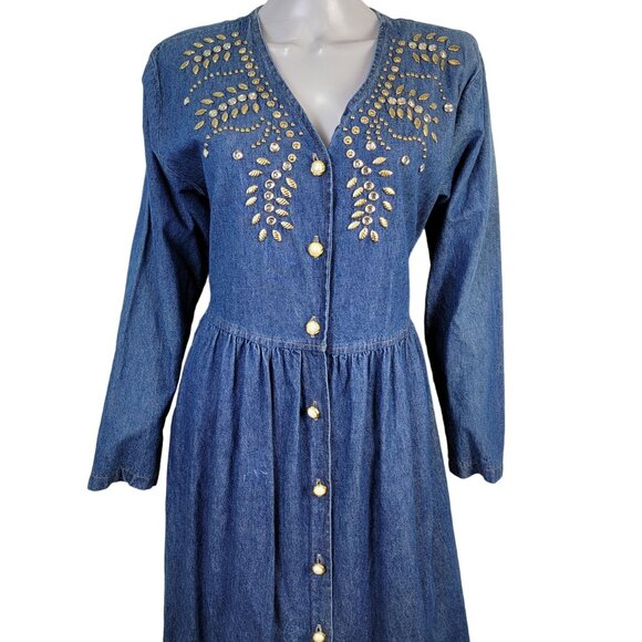 Vintage 90s Denim Midi Dress Women Medium Teacher Embellished Rhinestone 8 10 M - Picture 2 of 16